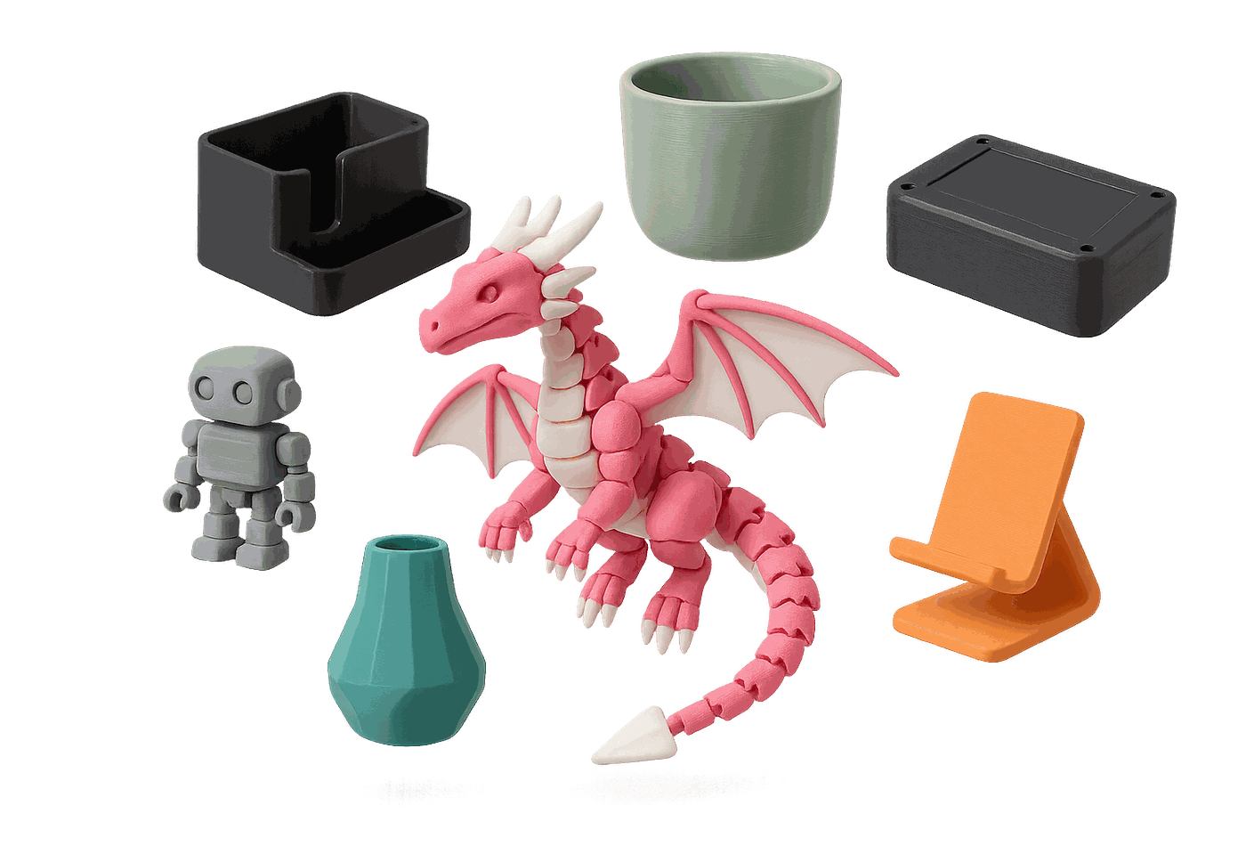 A selection of 3D printed products including an articulated dragon, a planter, a desk organiser, an enclosure, a vase and a phone stand