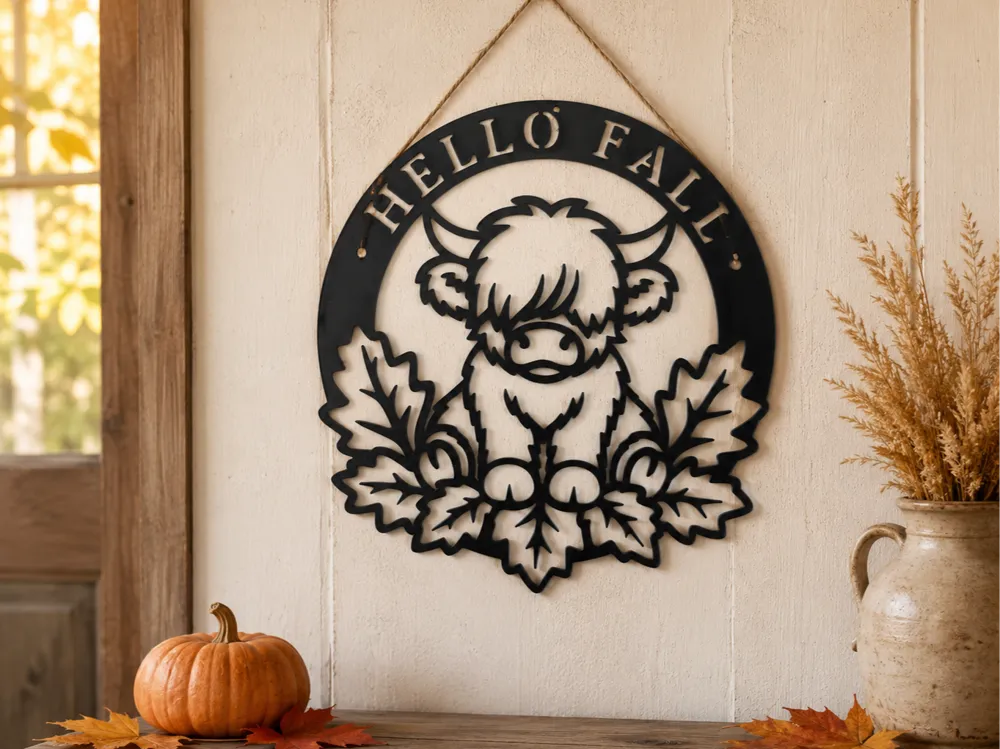 Hello Fall Highland Cow Wall Sign