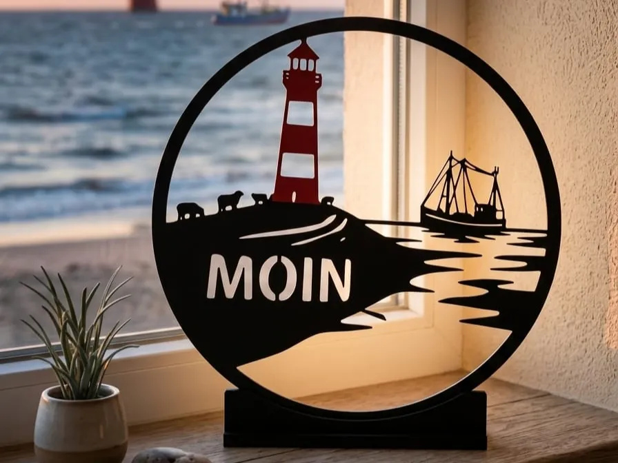 Maritime "MOIN" sign with lighthouse stand