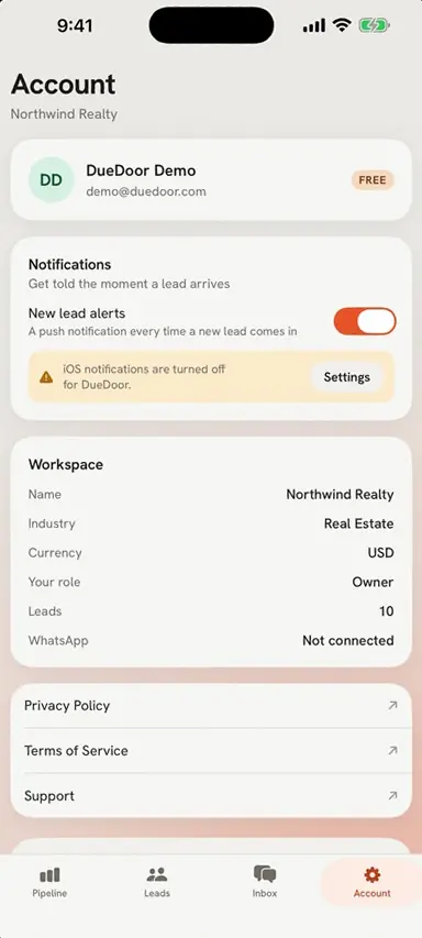 The Account screen with new lead alerts and workspace details