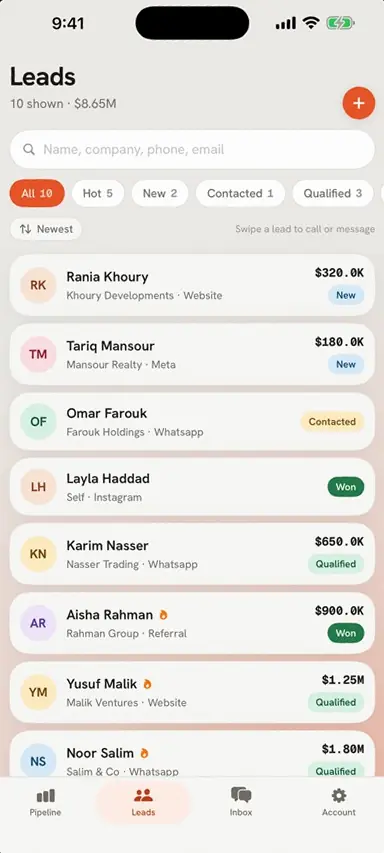 The Leads list with search, filters and lead stages