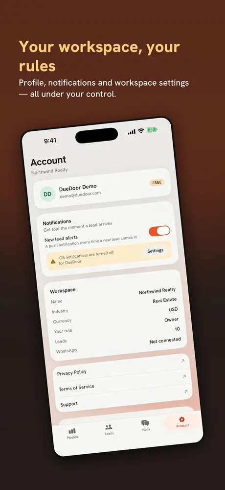 DueDoor app store screenshot: the Account screen with notifications and workspace settings