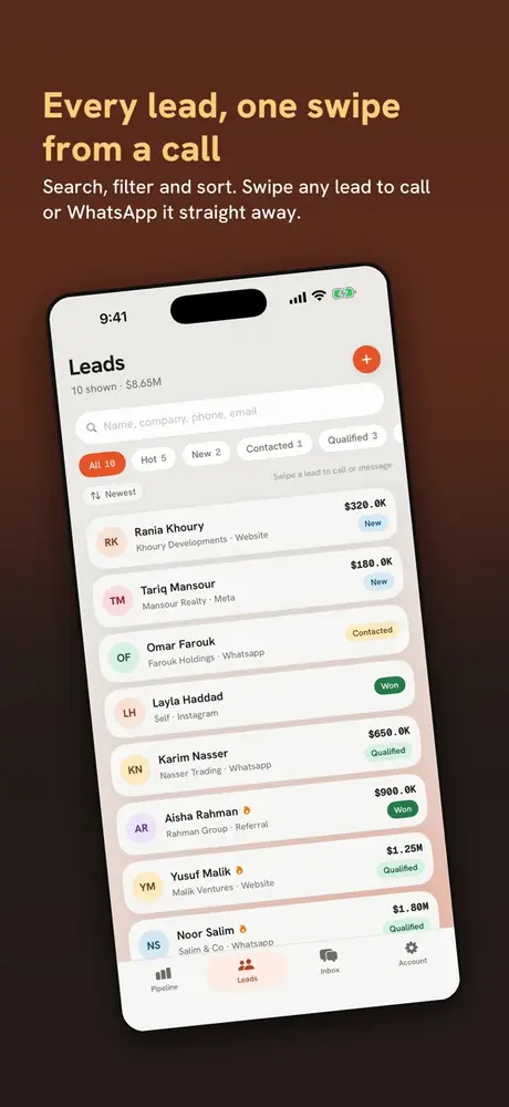 DueDoor app store screenshot: the Leads list, swipe a lead to call or WhatsApp it