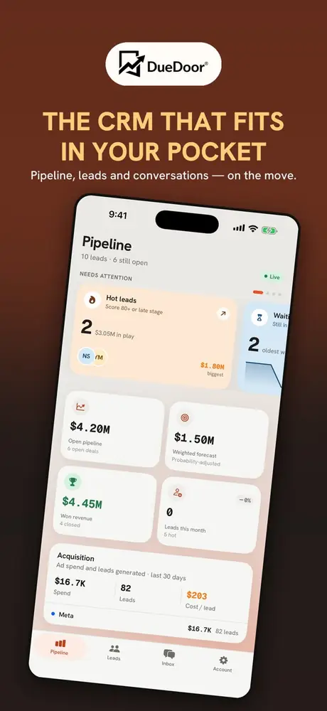 DueDoor app store screenshot: the CRM that fits in your pocket, with the Pipeline tab