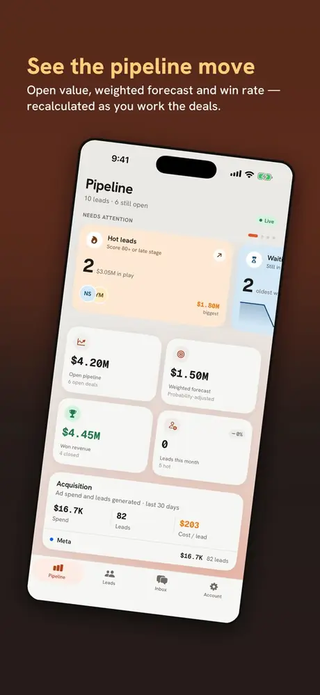 DueDoor app store screenshot: open value, weighted forecast and win rate on the Pipeline tab