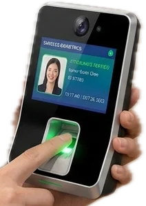 A face and fingerprint attendance device with a finger on the reader